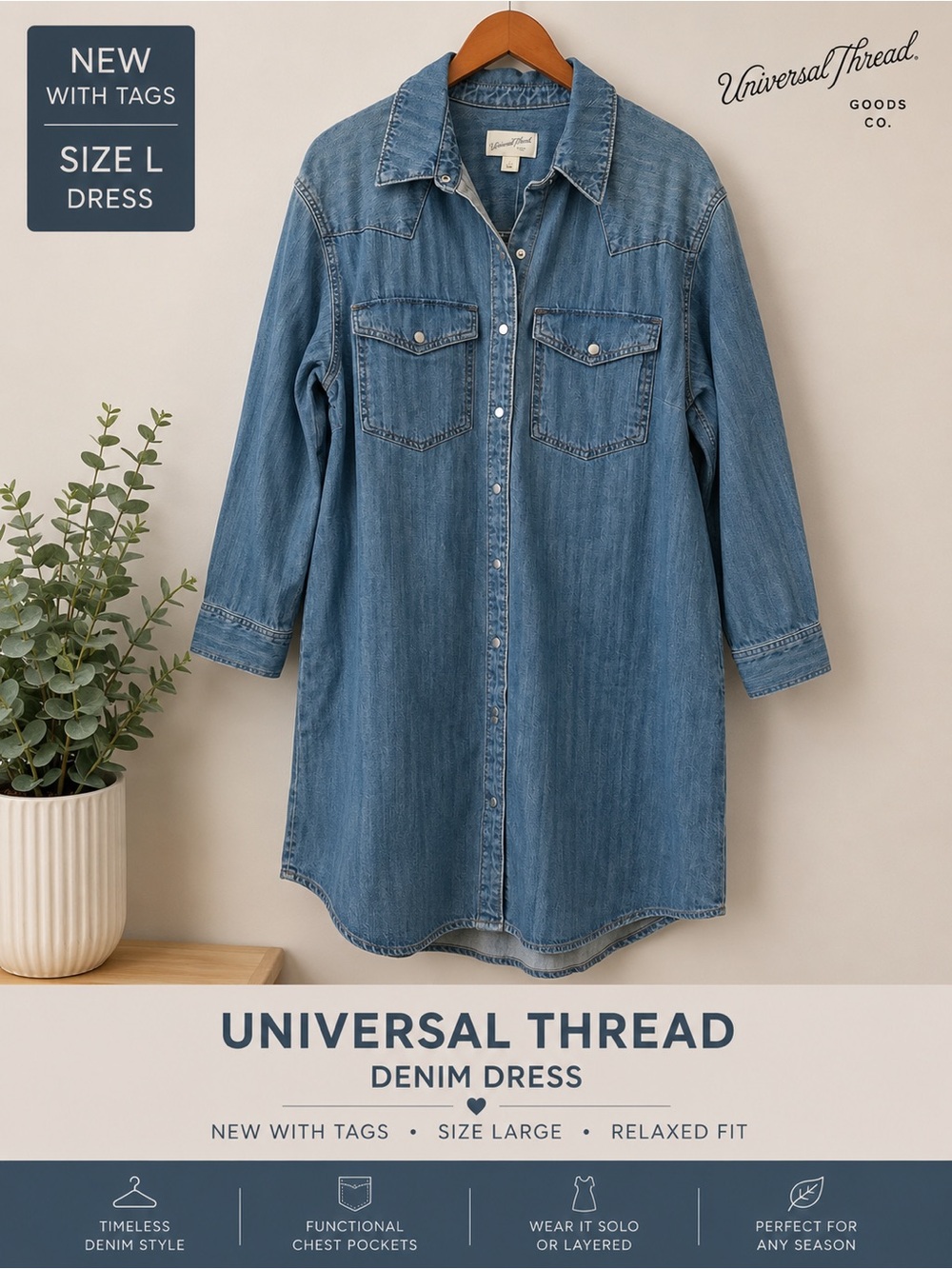 Universal Thread Western Button Down Denim Shirt Dress Size Large NWT - Picture 1 of 1